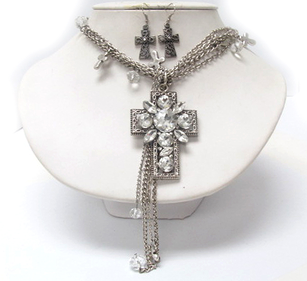 Multi crystal and arrowhead crystal in metal cross on side cross with multi crystal glass drop multi chain dangle long chain necklace earring set