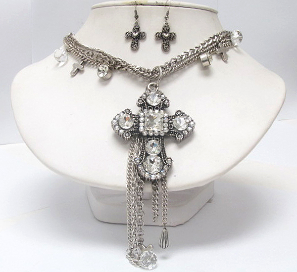 Multi crystal fashion metal cross with multi chain drop necklace earring set