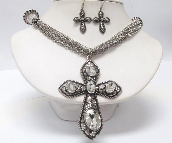 Multi size crystal large fashion metal cross on side multi chain and crystal galss and metal rings long chain necklace earring set