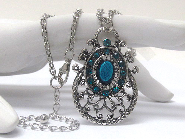 Crystal oval metal filigree inside small oval natural stone drop chain neckalce 