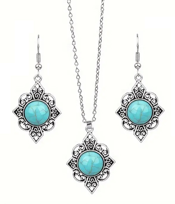 Vintage turquoise center filigree necklace and earring set