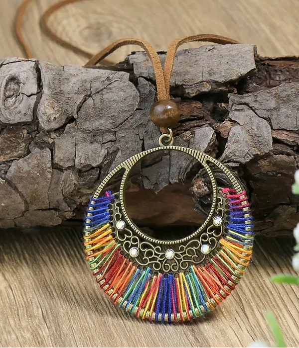 Rainbow-woven circular pendant necklace