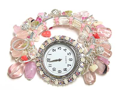 Crystal frame and multi glass beads dangle fashion watch