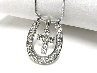 Crystal horse shoe and cross pendant necklace