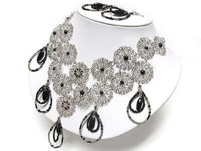 Metal filigree flower and seed beads cascade drop necklace earring set