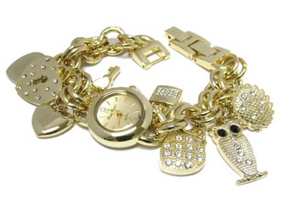 Brass metal multi crystal charm dangle and chain watch