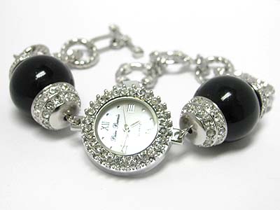 Crystal edged pearl large bearl ball and chain link watch