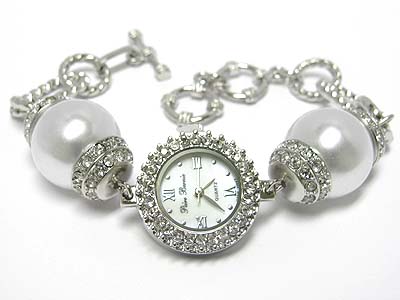 Crystal edged pearl large bearl ball and chain link watch