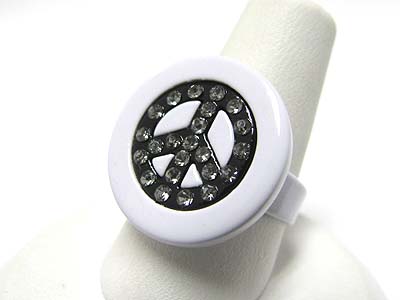 Made in korea whitegold plating crystal and epoxy metal peace mark adjustable size ring