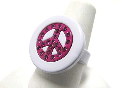 Made in korea whitegold plating crystal and epoxy metal peace mark adjustable size ring