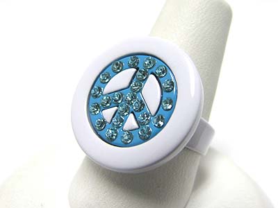 Made in korea whitegold plating crystal and epoxy metal peace mark adjustable size ring