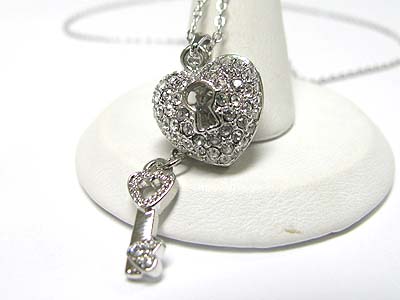 Made in korea whitegold plating crystal key and heart lock pendant necklace