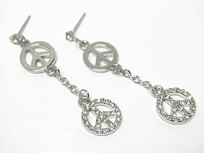 Made in korea whitegold plating crystal peace mark linear drop earring