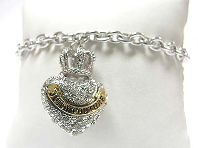 Made in korea whitegold plating designer inspired crystal crown heart charm toggle bracelet