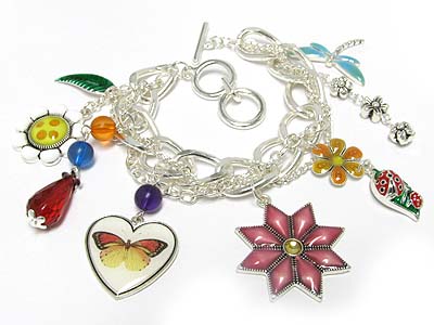 Flowers and bugs theme charm toggle bracelet