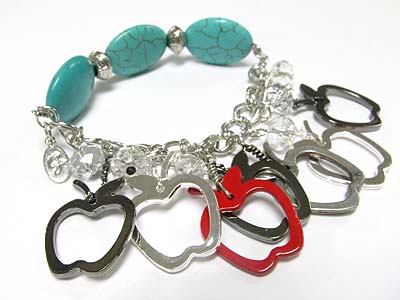 Turquoise stone and multi metal apple charm dangle stretch bracelet