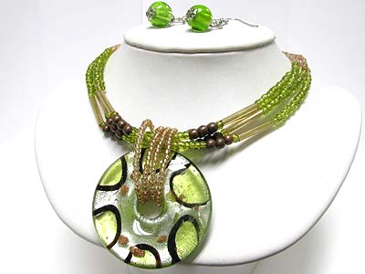 Murano glass round pendant multi seed beads strand necklace earring set