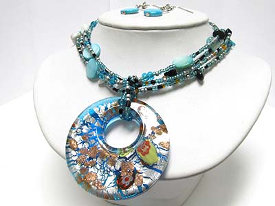 Murano glass round pendant multi seed beads strand necklace earring set