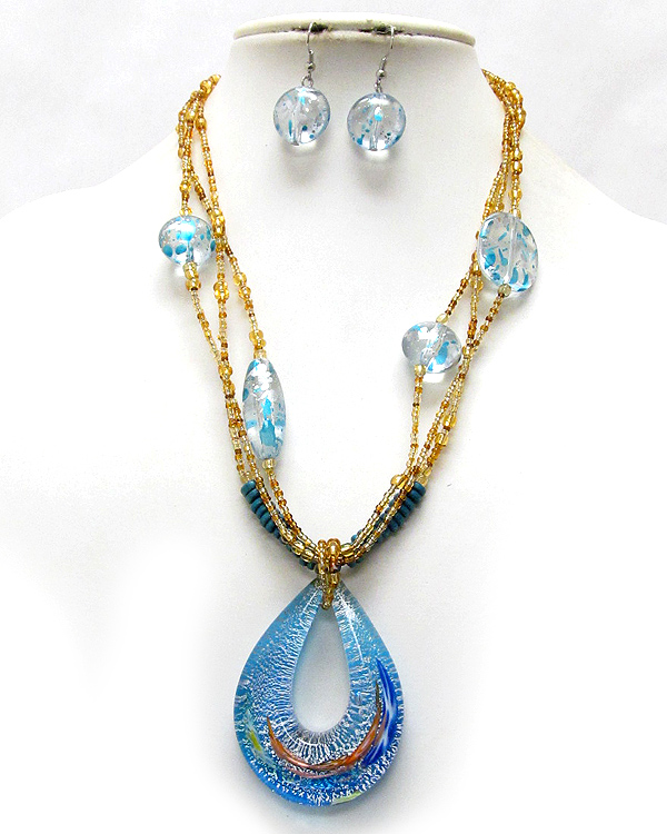 Murano glass oval pendant multi seed beads strand necklace earring set