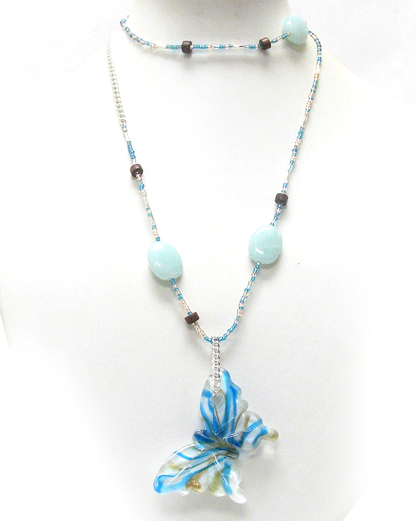 Murano glass butterfly pendant seed beads long necklace