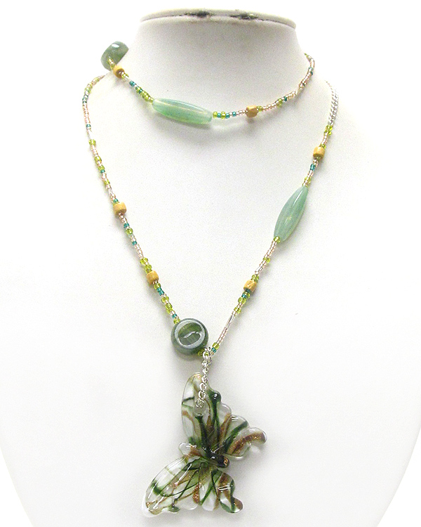 Murano glass butterfly pendant seed beads long necklace