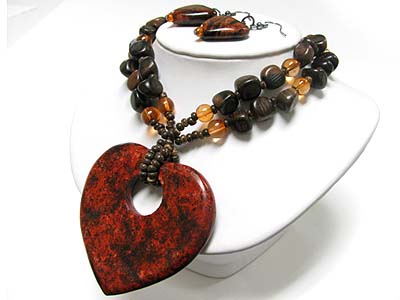 Natural stone heart pendant double multi beads strand neckale earring set