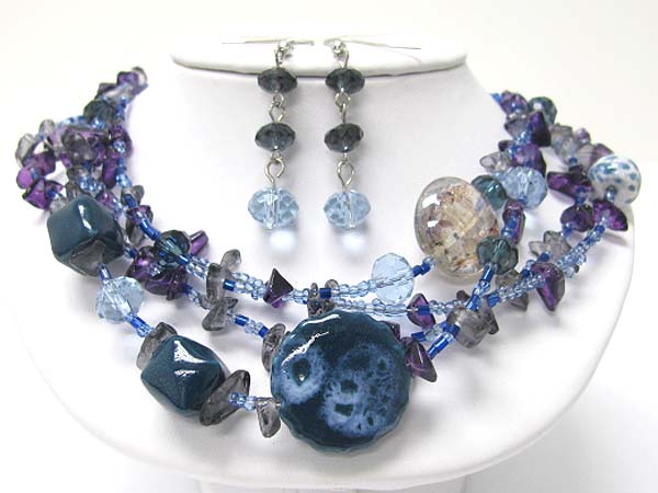 Ceramic flower and multi row mixed beads necklace earring set