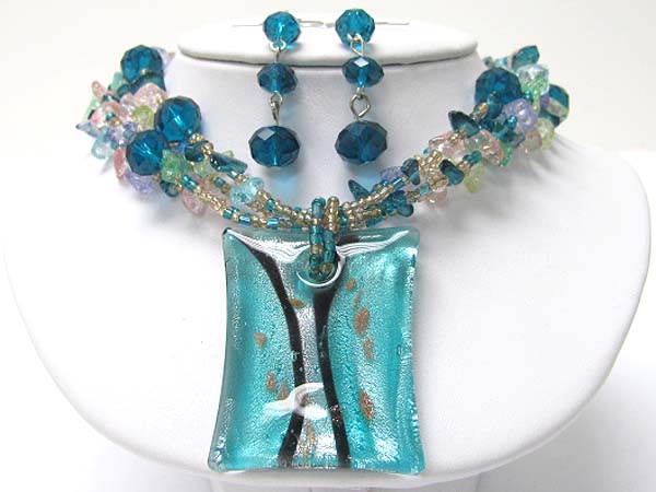 Murano glass square pendant and mixed natural chip stone necklace earring set