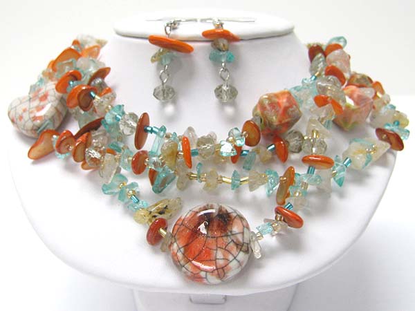 Ceramic disk and multi row mixed beads necklace earring set