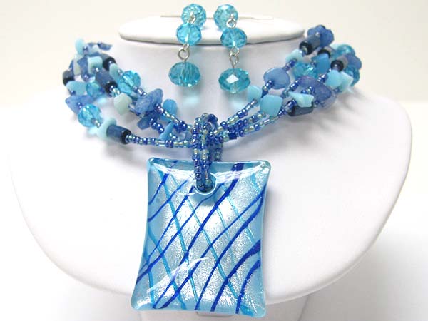 Murano glass square pendant and mixed natural chip stone necklace earring set