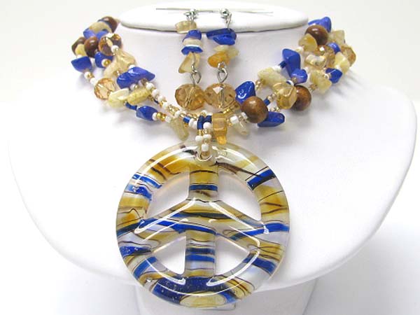 Murano glass peace mark pendant and mixed natural chip stone necklace earring set