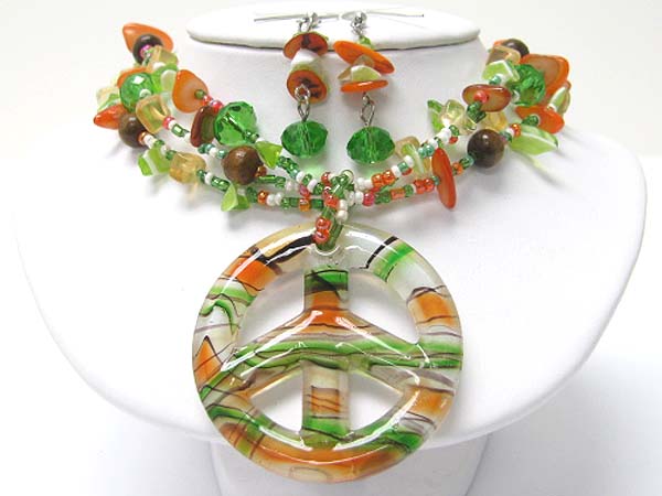 Murano glass peace mark pendant and mixed natural chip stone necklace earring set