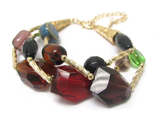 Multi color facet stone and tri row metal cable link bracelet