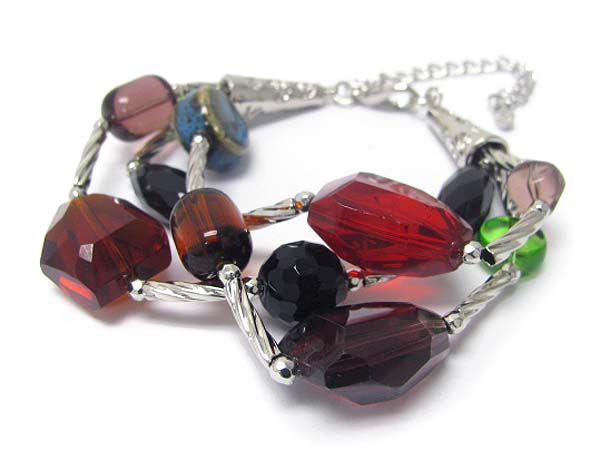 Multi color facet stone and tri row metal cable link bracelet