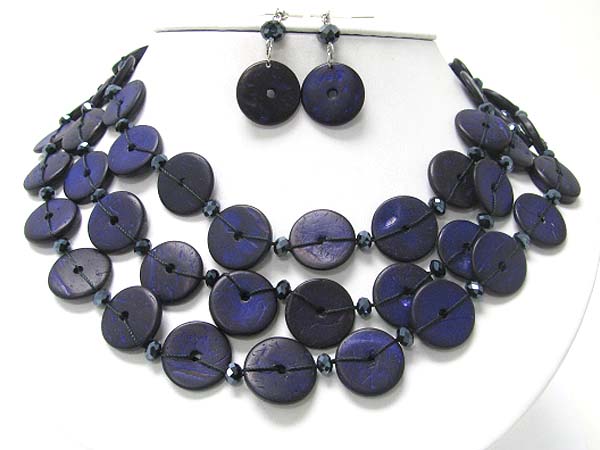 Triple layer dyed glossy shell disk link necklace earring set