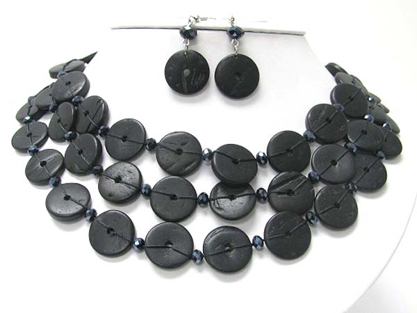 Triple layer dyed glossy shell disk link necklace earring set