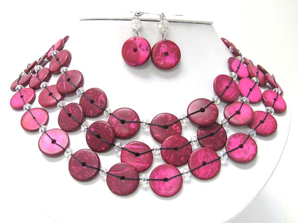 Triple layer dyed glossy shell disk link necklace earring set