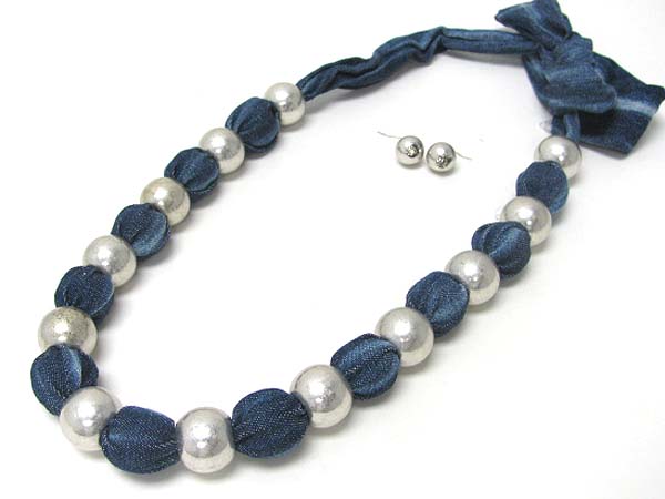 Denim wrapped pearl ball necklace earring set