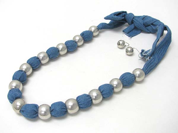 Denim wrapped pearl ball necklace earring set