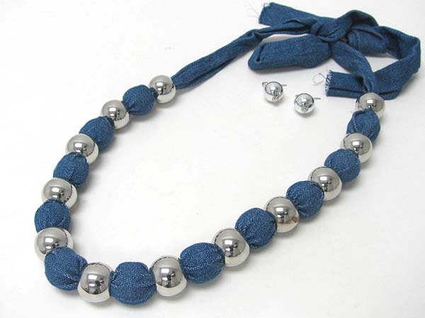 Denim wrapped pearl ball necklace earring set