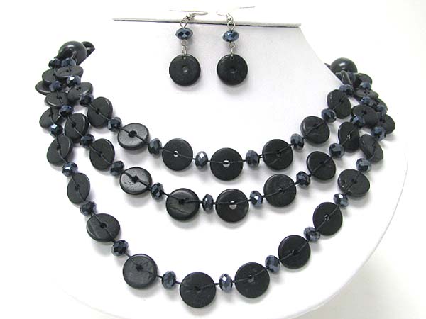 Triple layer dyed glossy shell disk link necklace earring set