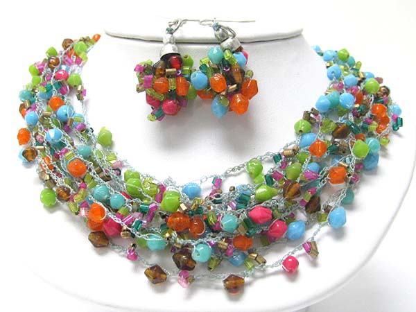 Multi row beads cluster necklace earirng set