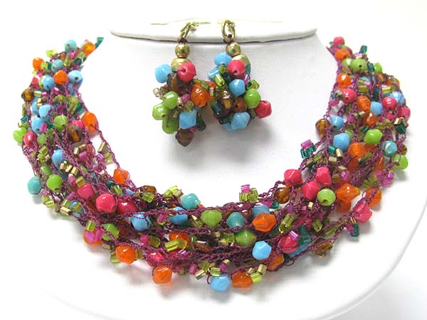 Multi row beads cluster necklace earirng set