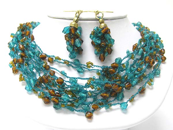 Multi row beads cluster necklace earirng set