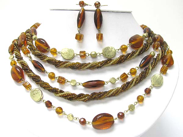 Five row glass beads and braided seed beads necklace earring set