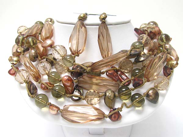 Five row mixed beads and chip shell link necklace earring set