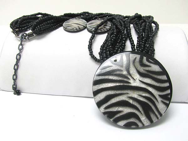 Animal print large round pendant multi strand beads necklace earring set