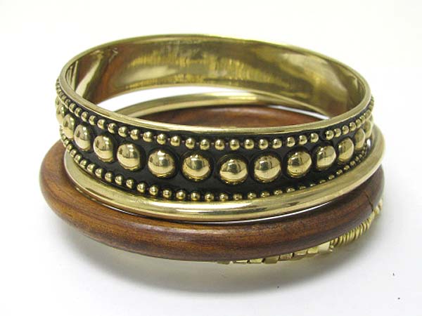 Wood and multi metal bangle and stretch bracelet set 