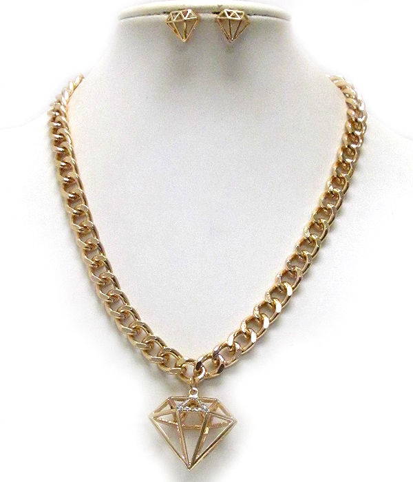 Crystal deco diamond pendant and thick metal chain necklace earring set