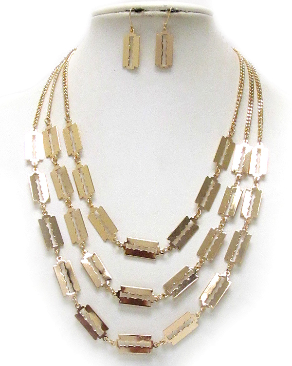 Multi razor three layer necklace earring set